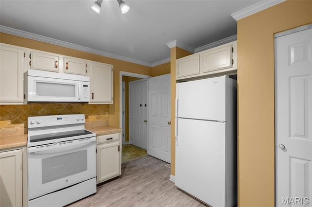 1439 Briarcreek Dr, Saint Louis, MO 63122 - kitchen with white appliances, light countertops, ornamental molding, tasteful backsplash, and light wood-type flooring