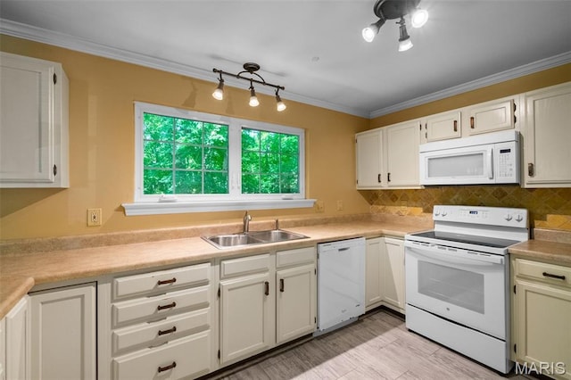 1439 Briarcreek Dr, Saint Louis, MO 63122 - kitchen with white appliances, light countertops, crown molding, white cabinets, and tasteful backsplash