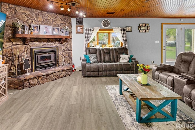 519 N Maple St, Duquoin, IL 62832 - living area featuring wood ceiling, wood finished floors, track lighting, a stone fireplace, and baseboard heating