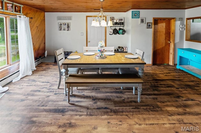 519 N Maple St, Duquoin, IL 62832 - dining space with a chandelier, wood finished floors, wooden ceiling, and wooden walls