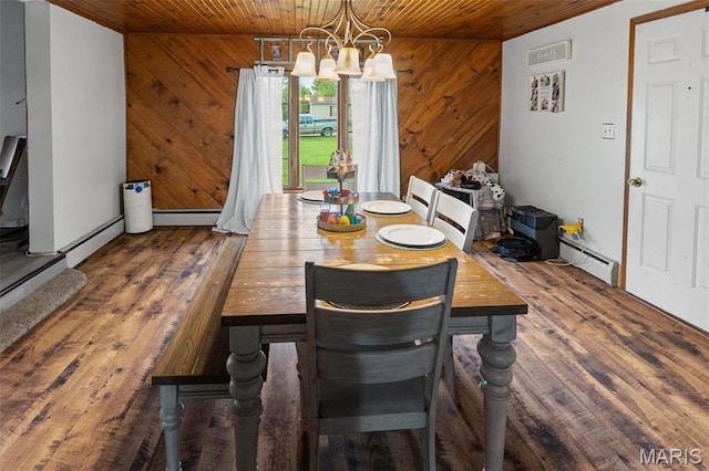 519 N Maple St, Duquoin, IL 62832 - dining space with wooden ceiling, baseboard heating, a chandelier, wooden walls, and wood finished floors