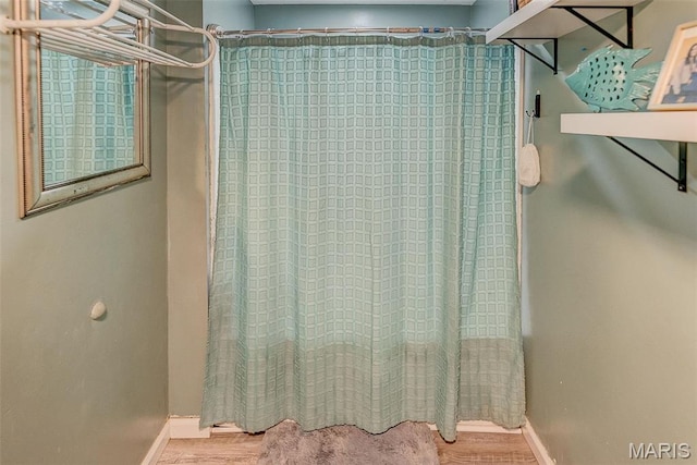 519 N Maple St, Duquoin, IL 62832 - full bathroom featuring baseboards, wood finished floors, and a shower with shower curtain