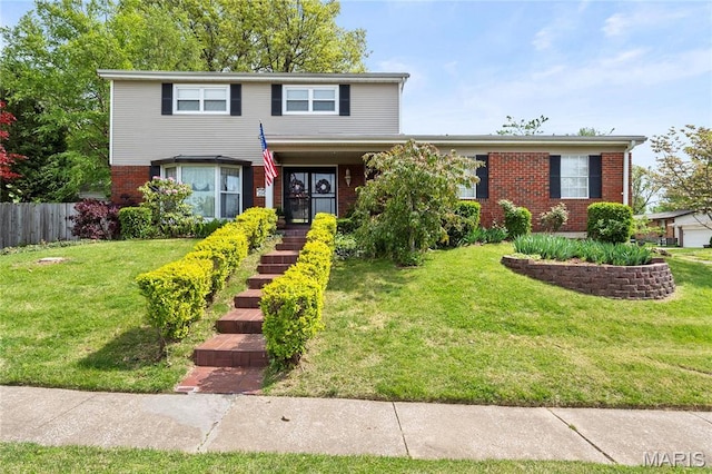 traditional-style home with brick siding and stairs