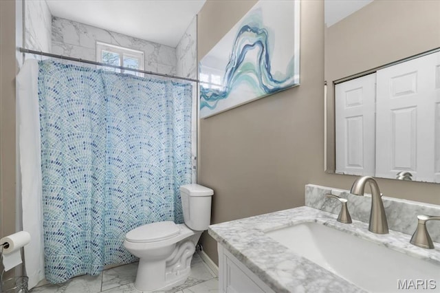 1428 Mallinckrodt, Saint Louis, MO 63107 - bathroom featuring marble look tiles, toilet, vanity, and curtained shower