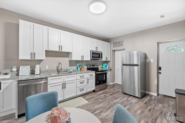 1428 Mallinckrodt, Saint Louis, MO 63107 - kitchen featuring appliances with stainless steel finishes, a sink, white cabinetry, light wood-style flooring, and light stone countertops