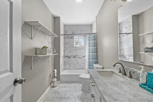 1428 Mallinckrodt, Saint Louis, MO 63107 - full bath with toilet, marble finish floors, vanity, shower / tub combo, and baseboards