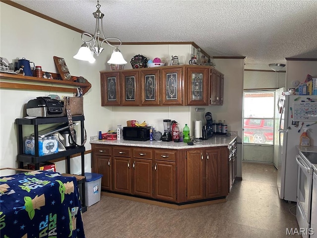 211 N Lucas St, Pilot Knob, MO 63663 - kitchen with range with electric cooktop, black microwave, a textured ceiling, freestanding refrigerator, and light countertops