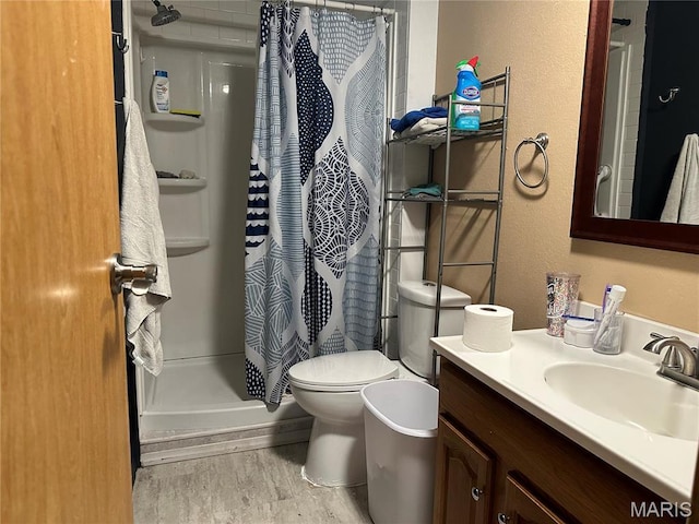 211 N Lucas St, Pilot Knob, MO 63663 - bathroom featuring toilet, vanity, a shower with curtain, and wood finished floors