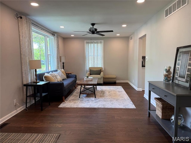409 Oak St, East Alton, IL 62024 - living room featuring baseboards, ceiling fan, recessed lighting, and dark wood-type flooring