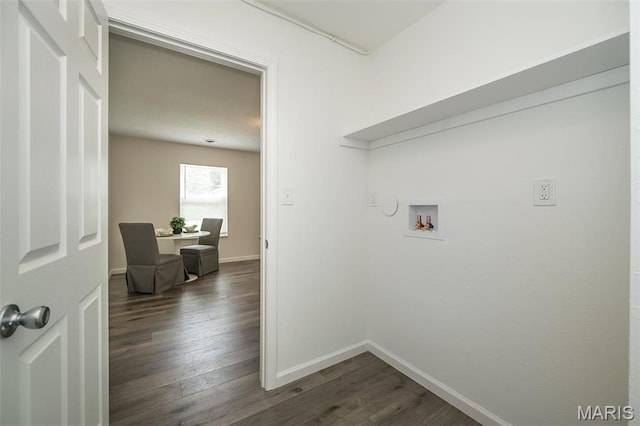 1331 Belrue Ave, Saint Louis, MO 63133 - washroom featuring hookup for a washing machine, dark wood-style flooring, and baseboards