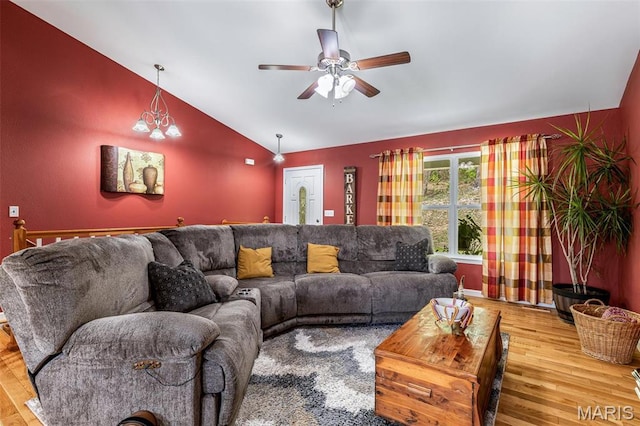8007 Engleford Rd, Dittmer, MO 63023 - living room featuring lofted ceiling, wood finished floors, and ceiling fan