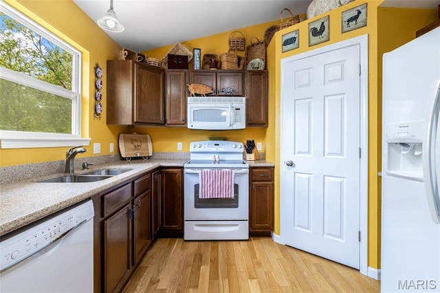8007 Engleford Rd, Dittmer, MO 63023 - kitchen with white appliances, a sink, light wood-style flooring, and light countertops
