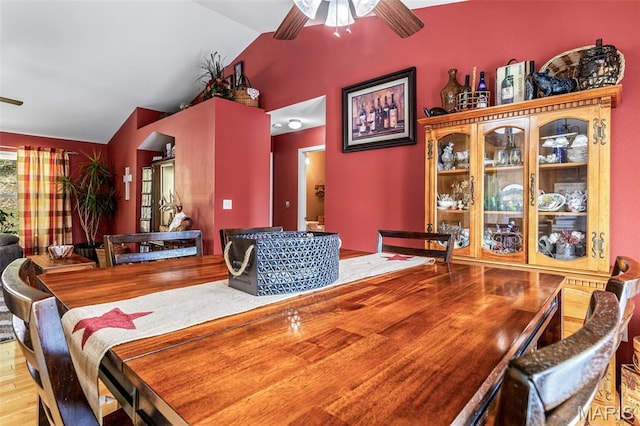 8007 Engleford Rd, Dittmer, MO 63023 - dining room with ceiling fan, lofted ceiling, and wood finished floors