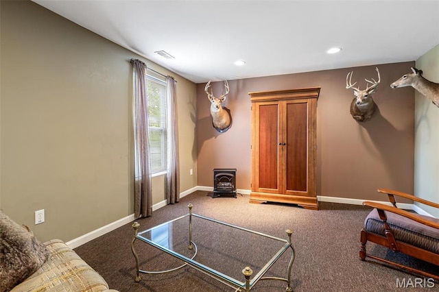 8007 Engleford Rd, Dittmer, MO 63023 - living room with a wood stove, baseboards, recessed lighting, and carpet floors