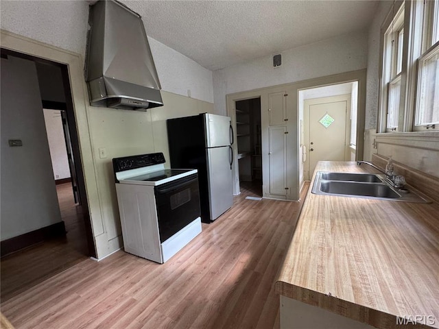 813 Main St, Poplar Bluff, MO 63901 - kitchen with electric stove, wall chimney exhaust hood, a sink, light wood-type flooring, and lofted ceiling