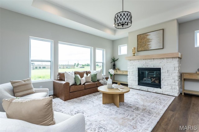 837 Bushwood Way, Ofallon, IL 62269 - living room with dark wood-type flooring, a tray ceiling, a stone fireplace, and baseboards