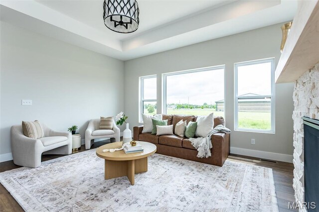 837 Bushwood Way, Ofallon, IL 62269 - living room featuring wood finished floors, baseboards, a fireplace, and a raised ceiling