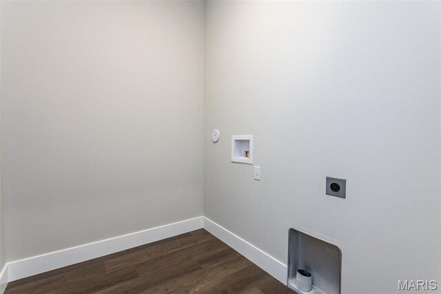 837 Bushwood Way, Ofallon, IL 62269 - washroom featuring electric dryer hookup, hookup for a washing machine, baseboards, dark wood-style floors, and gas dryer hookup