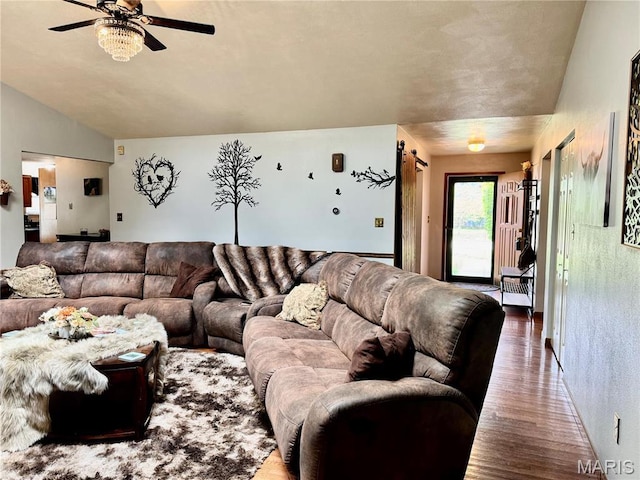 1725 Spruce Hill Dr, Belleville, IL 62221 - living area featuring wood finished floors, ceiling fan, and a barn door