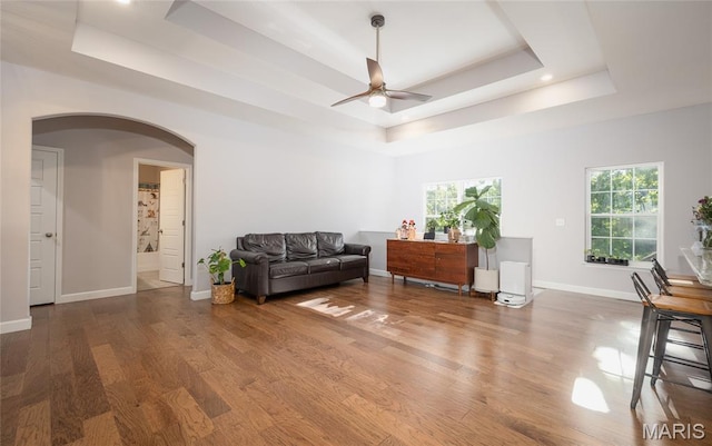 1347 Thomas Dr, Rolla, MO 65401 - living room featuring a raised ceiling, arched walkways, a ceiling fan, wood finished floors, and recessed lighting