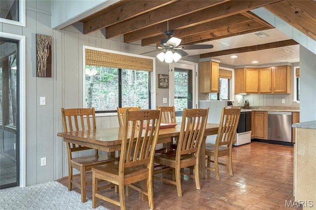 1235 Powderhorn Dr, Innsbrook, MO 63390 - dining space featuring beam ceiling and ceiling fan