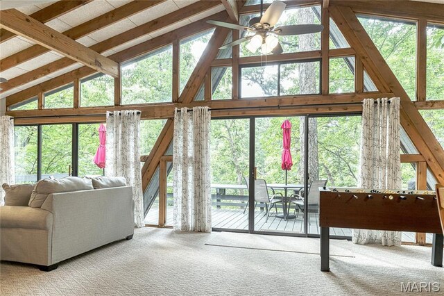 1235 Powderhorn Dr, Innsbrook, MO 63390 - living room with carpet, high vaulted ceiling, plenty of natural light, ceiling fan, and beamed ceiling