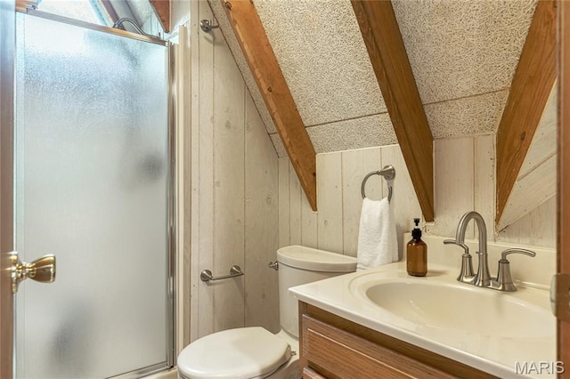 1235 Powderhorn Dr, Innsbrook, MO 63390 - full bathroom featuring wooden walls, a stall shower, vanity, and toilet