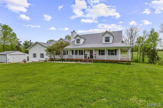 802 Hager Rd, Farmington, MO 63640 - view of front of property with a porch, a front yard, a chimney, and metal roof