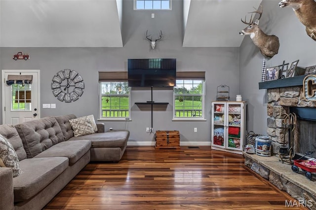 802 Hager Rd, Farmington, MO 63640 - living area with a high ceiling, hardwood / wood-style flooring, baseboards, plenty of natural light, and a fireplace
