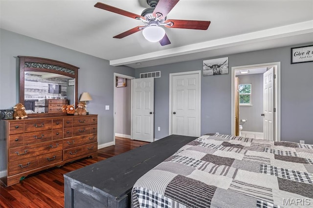 802 Hager Rd, Farmington, MO 63640 - bedroom featuring dark wood-type flooring, baseboards, ceiling fan, and ensuite bathroom