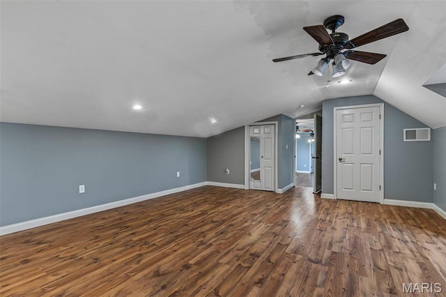 802 Hager Rd, Farmington, MO 63640 - additional living space with a ceiling fan, wood finished floors, lofted ceiling, baseboards, and recessed lighting
