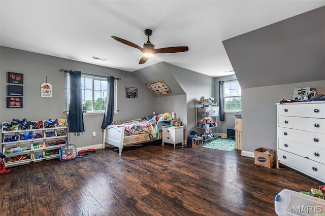 802 Hager Rd, Farmington, MO 63640 - bedroom featuring wood finished floors, baseboards, lofted ceiling, and a ceiling fan