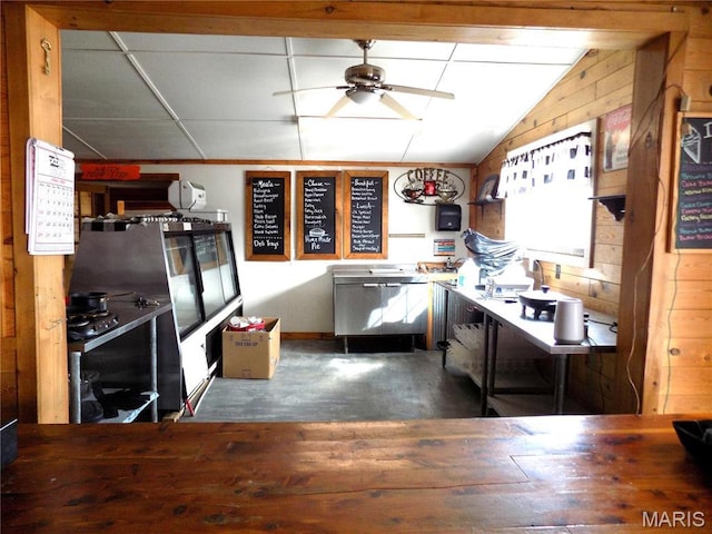 491 Broadway St, Edgar Springs, MO 65462 - kitchen with wood walls, vaulted ceiling, ceiling fan, and dark wood-type flooring