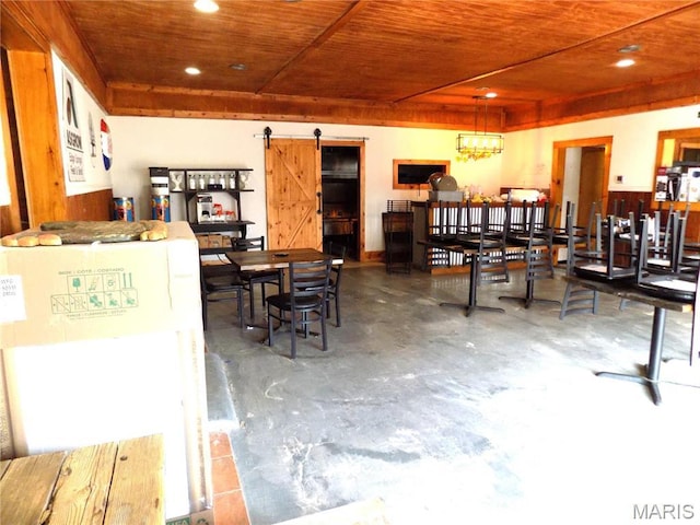 491 Broadway St, Edgar Springs, MO 65462 - miscellaneous room with wood ceiling, a barn door, recessed lighting, and finished concrete flooring