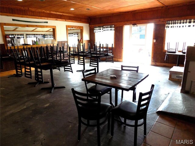 491 Broadway St, Edgar Springs, MO 65462 - dining space featuring wood ceiling, finished concrete flooring, wood walls, and recessed lighting
