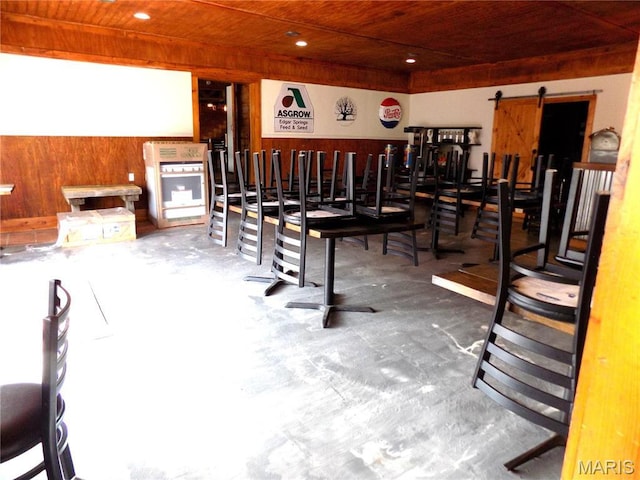 491 Broadway St, Edgar Springs, MO 65462 - gym with wooden ceiling, a barn door, wood walls, and recessed lighting
