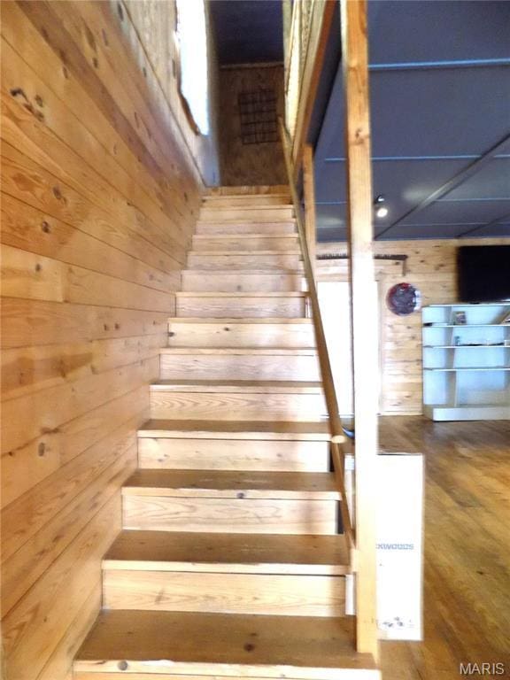 491 Broadway St, Edgar Springs, MO 65462 - staircase featuring wooden walls and wood finished floors