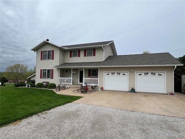 7070 Goldenrod Rd, Hannibal, MO 63401 - traditional-style home with driveway, a porch, a garage, a front lawn, and a shingled roof