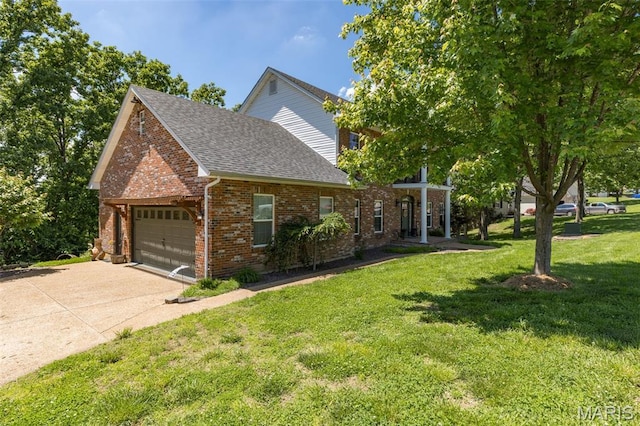 162 Saint Benedict, Pevely, MO 63070 - view of side of home featuring an attached garage, brick siding, a shingled roof, a lawn, and driveway