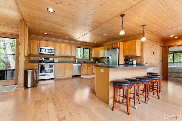 2635 Grendel Rdg, Innsbrook, MO 63390 - kitchen featuring appliances with stainless steel finishes, wooden ceiling, dark countertops, light wood-style floors, and healthy amount of natural light