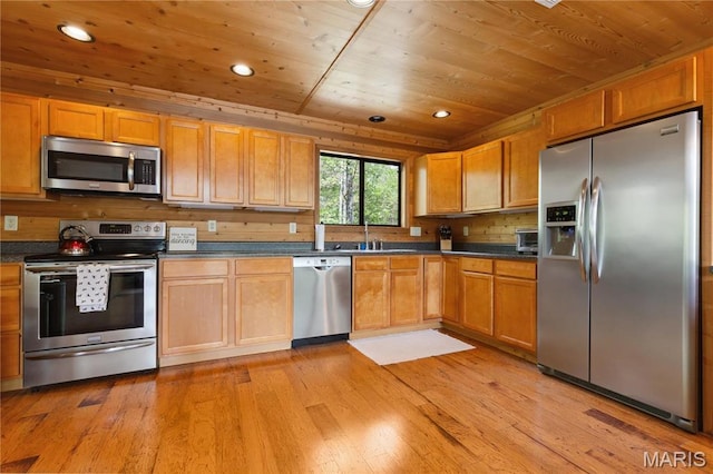 2635 Grendel Rdg, Innsbrook, MO 63390 - kitchen featuring stainless steel appliances, wooden ceiling, light wood-style floors, dark countertops, and recessed lighting