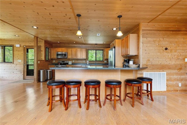 2635 Grendel Rdg, Innsbrook, MO 63390 - kitchen featuring stainless steel appliances, wooden ceiling, light wood finished floors, wood walls, and a peninsula