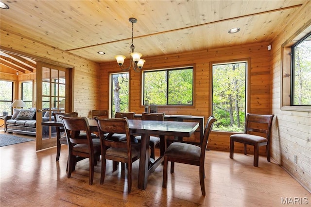 2635 Grendel Rdg, Innsbrook, MO 63390 - dining room featuring healthy amount of natural light, wood ceiling, wooden walls, light wood finished floors, and a chandelier