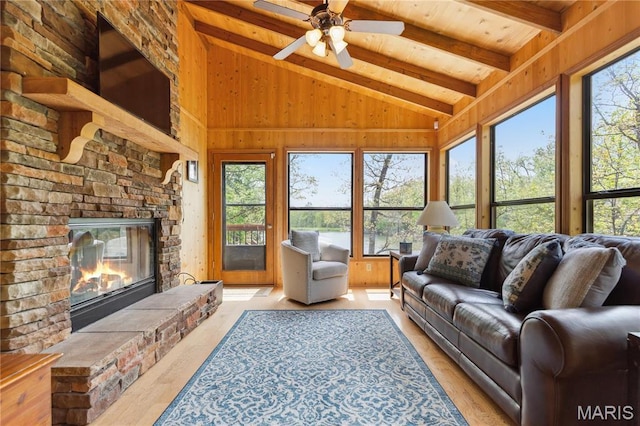2635 Grendel Rdg, Innsbrook, MO 63390 - living area with plenty of natural light, wooden ceiling, a fireplace, a ceiling fan, and wooden walls