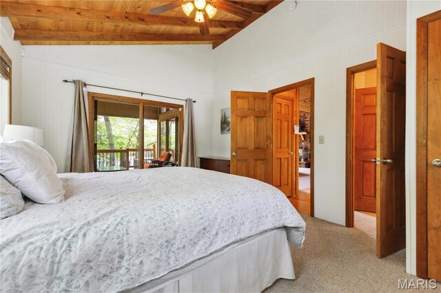 2635 Grendel Rdg, Innsbrook, MO 63390 - bedroom featuring wood ceiling, light colored carpet, access to outside, and a ceiling fan