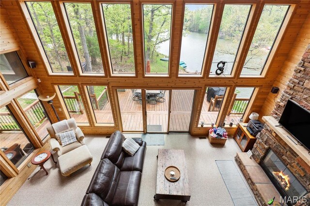 2635 Grendel Rdg, Innsbrook, MO 63390 - living room featuring wooden walls, a stone fireplace, and a high ceiling