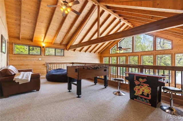 2635 Grendel Rdg, Innsbrook, MO 63390 - rec room featuring ceiling fan, carpet, healthy amount of natural light, high vaulted ceiling, and wood walls