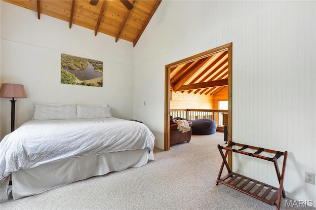 2635 Grendel Rdg, Innsbrook, MO 63390 - carpeted bedroom featuring wooden ceiling, beamed ceiling, wood walls, and high vaulted ceiling