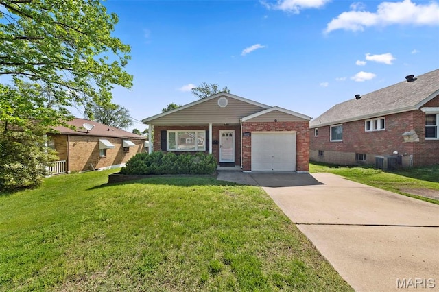 8452 S Laclede Station Rd, Saint Louis, MO 63123 - ranch-style house with an attached garage, brick siding, a front yard, driveway, and cooling unit
