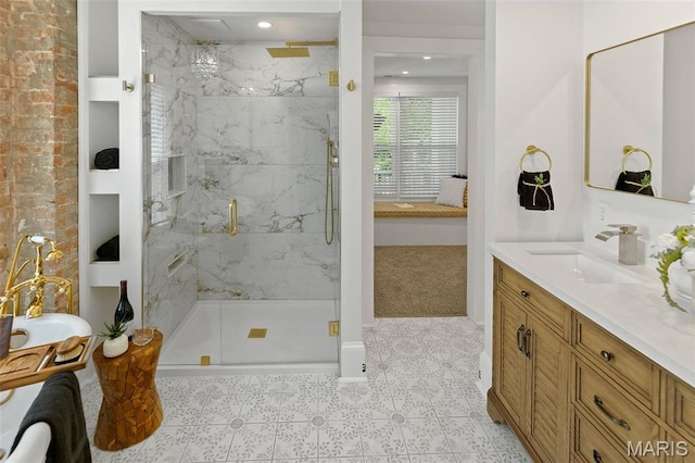2367 Central Ave, Alton, IL 62002 - bathroom featuring a marble finish shower, vanity, tile patterned flooring, and recessed lighting